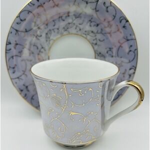 Norleans Teacup Saucer Set Lavender Gold Scroll Porcelain Japan Vintage Tea Cup